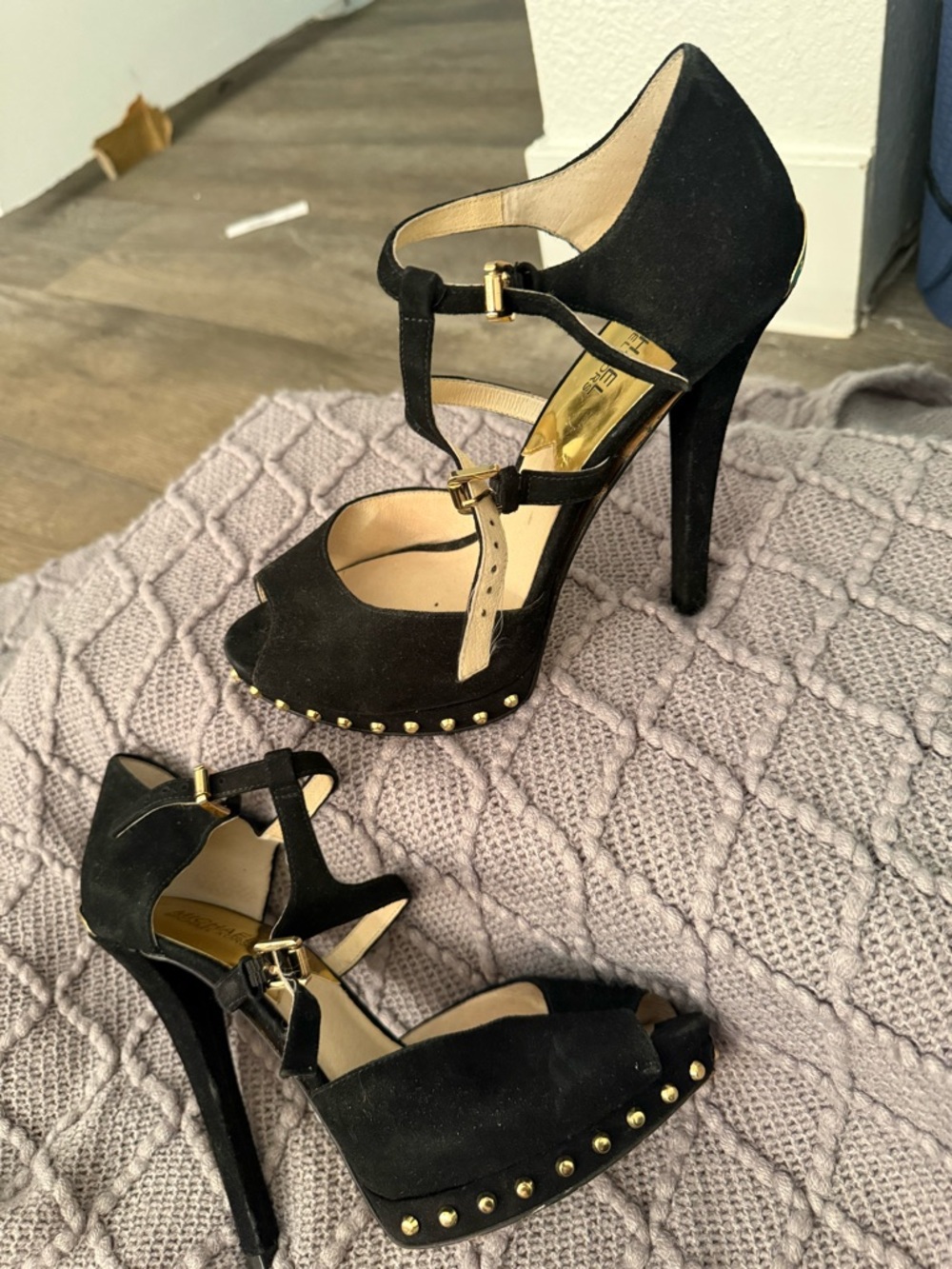 Michael Kors Black Suede T‑Strap Peep Toe Heels with Gold Studs